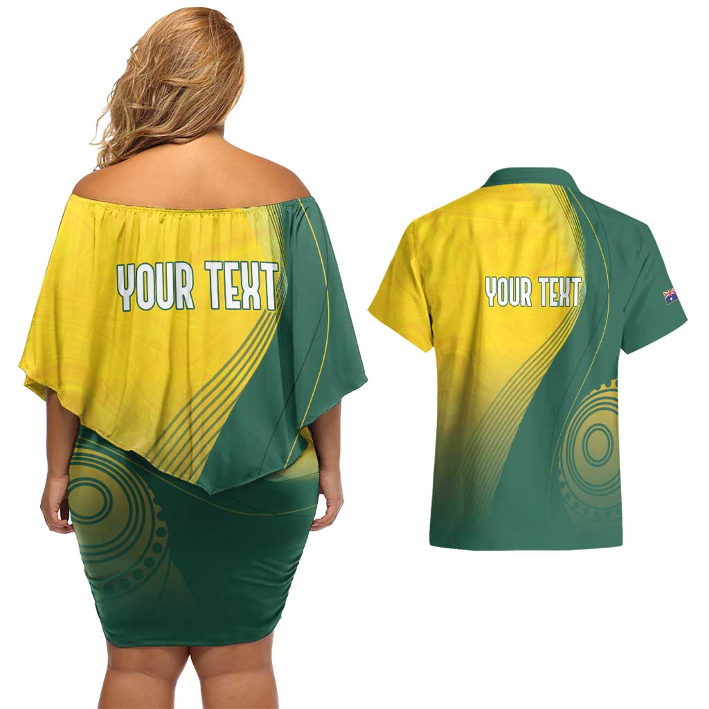 Australia Bowls Personalised Couples Matching Off Shoulder Short Dress and Hawaiian Shirt Basic Marble Glaze - National Color - Aussie Hoodie