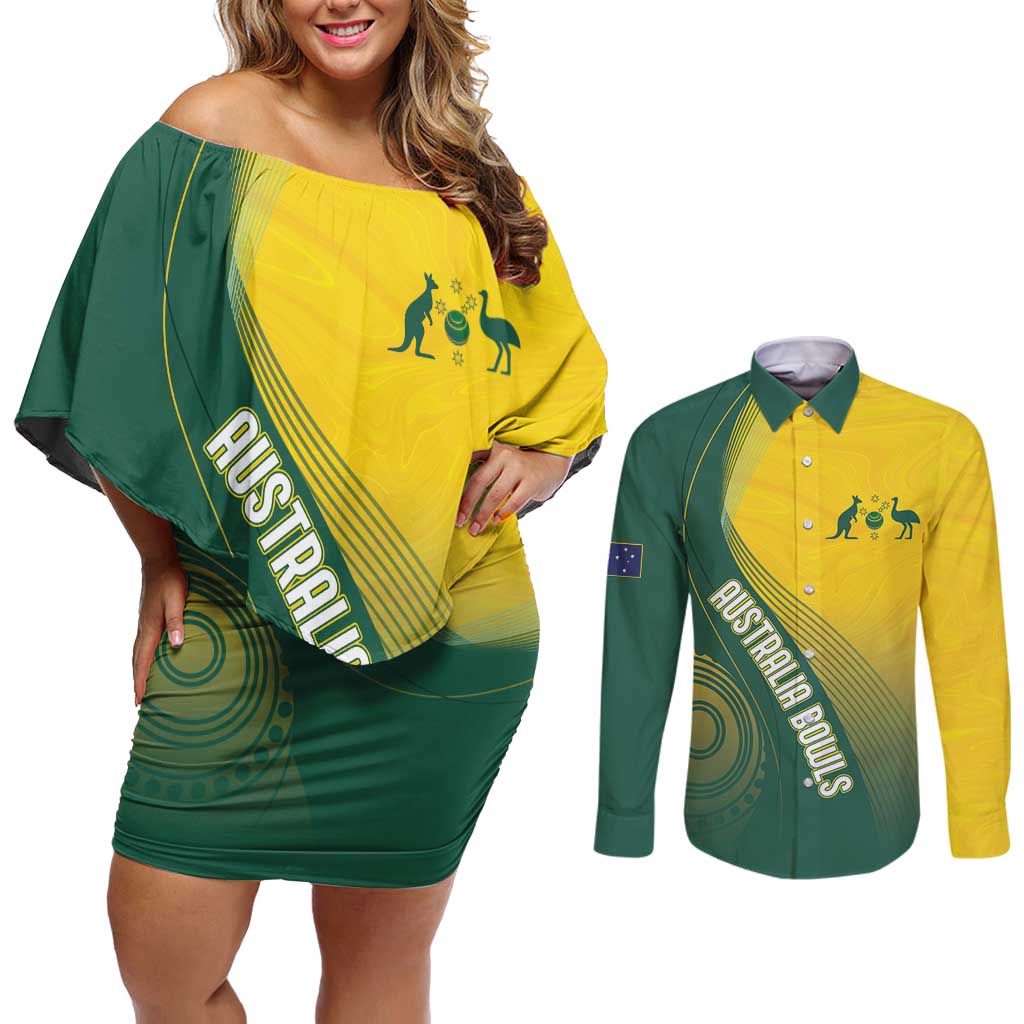 Australia Bowls Personalised Couples Matching Off Shoulder Short Dress and Long Sleeve Button Shirt Basic Marble Glaze - National Color - Aussie Hoodie