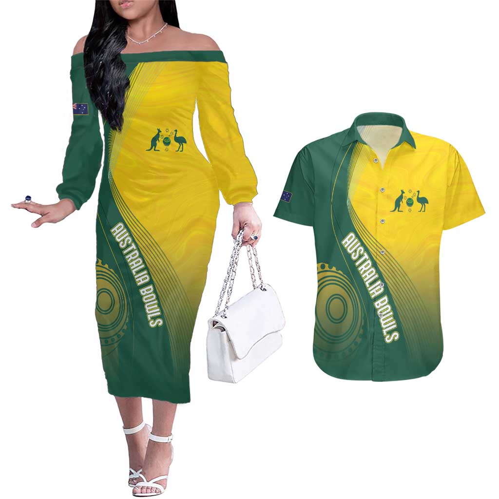 Australia Bowls Personalised Couples Matching Off The Shoulder Long Sleeve Dress and Hawaiian Shirt Basic Marble Glaze - National Color - Aussie Hoodie