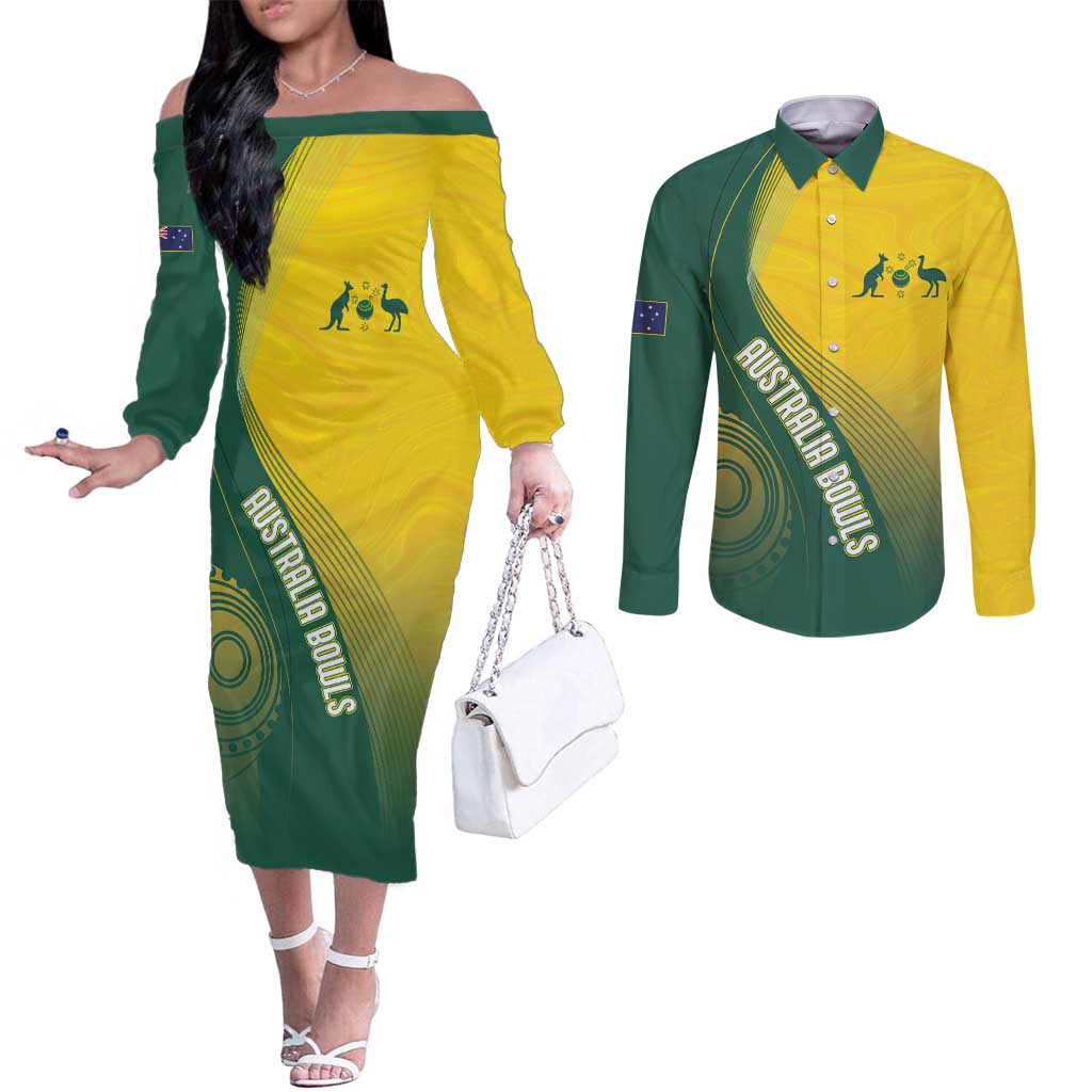 Australia Bowls Personalised Couples Matching Off The Shoulder Long Sleeve Dress and Long Sleeve Button Shirt Basic Marble Glaze - National Color - Aussie Hoodie