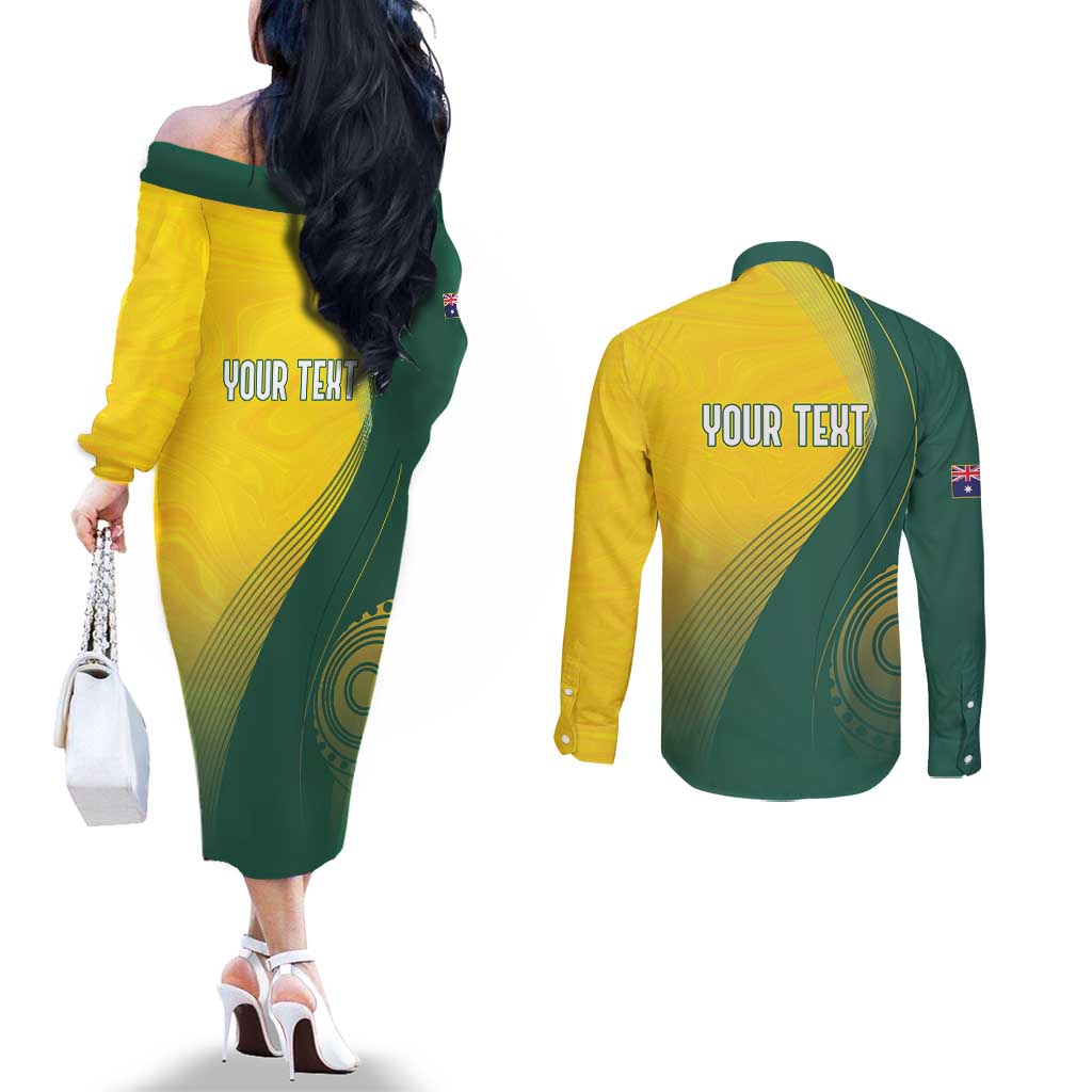 Australia Bowls Personalised Couples Matching Off The Shoulder Long Sleeve Dress and Long Sleeve Button Shirt Basic Marble Glaze - National Color - Aussie Hoodie