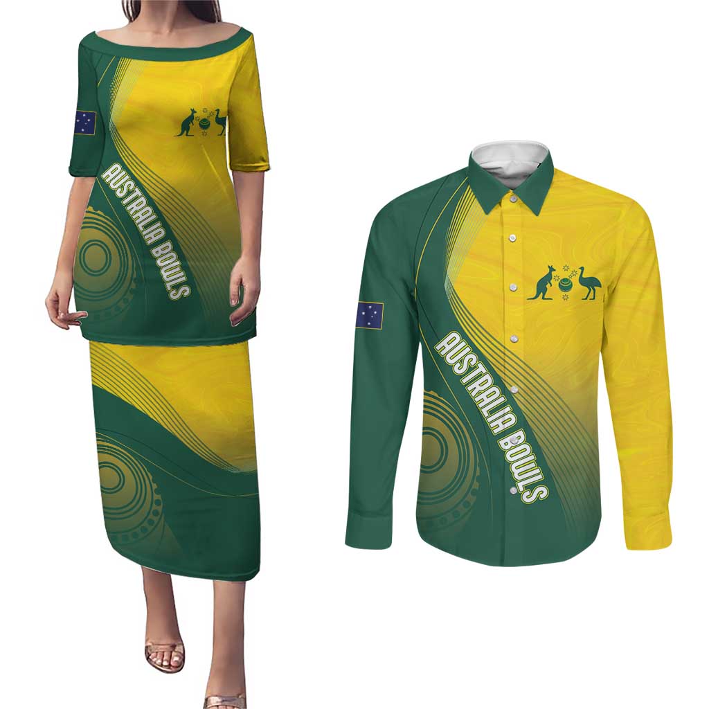 Australia Bowls Personalised Couples Matching Puletasi and Long Sleeve Button Shirt Basic Marble Glaze - National Color - Aussie Hoodie