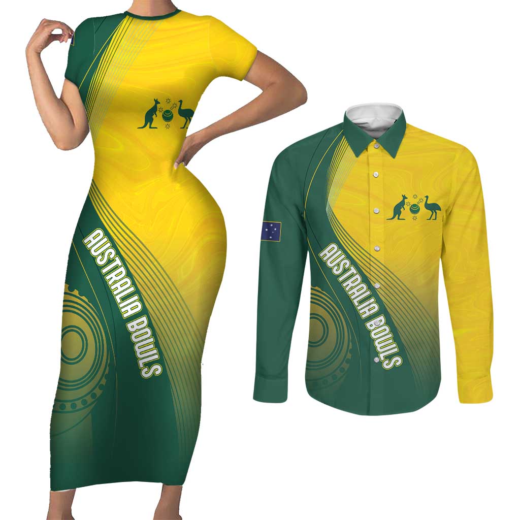 Australia Bowls Personalised Couples Matching Short Sleeve Bodycon Dress and Long Sleeve Button Shirt Basic Marble Glaze - National Color - Aussie Hoodie