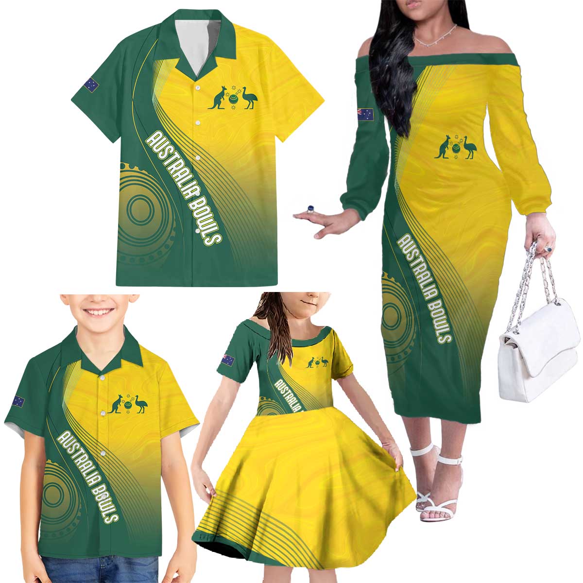 Australia Bowls Personalised Family Matching Off The Shoulder Long Sleeve Dress and Hawaiian Shirt Basic Marble Glaze - National Color - Aussie Hoodie