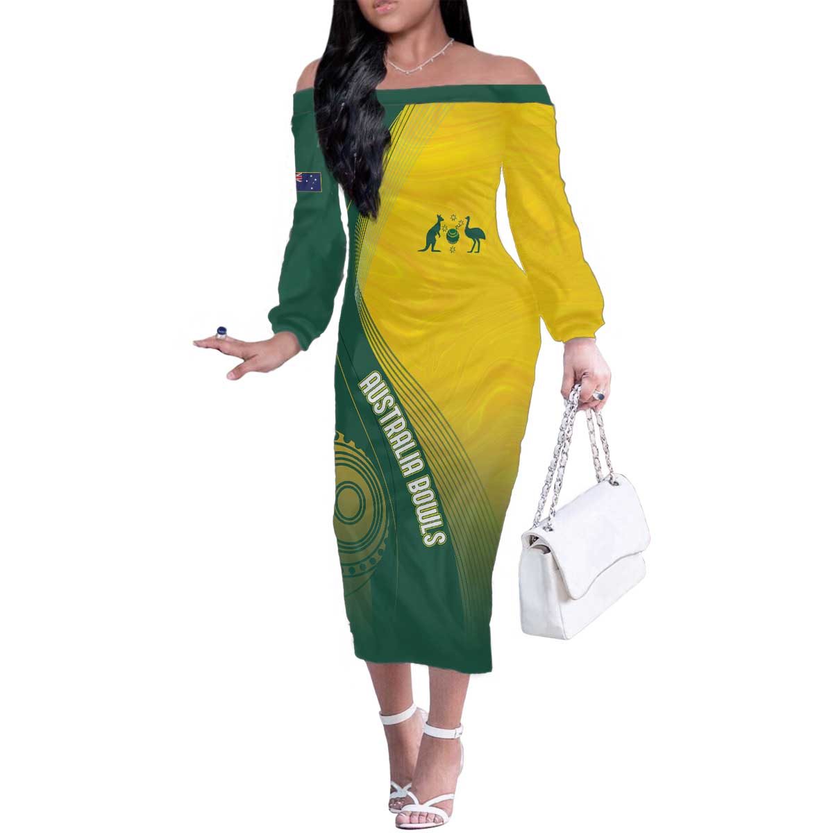 Australia Bowls Personalised Family Matching Off The Shoulder Long Sleeve Dress and Hawaiian Shirt Basic Marble Glaze - National Color - Aussie Hoodie