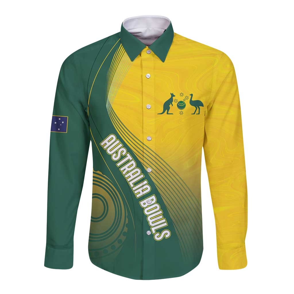 Australia Bowls Personalised Long Sleeve Button Shirt Basic Marble Glaze - National Color - Aussie Hoodie