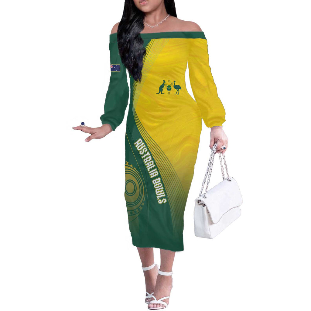 Australia Bowls Personalised Off The Shoulder Long Sleeve Dress Basic Marble Glaze - National Color - Aussie Hoodie