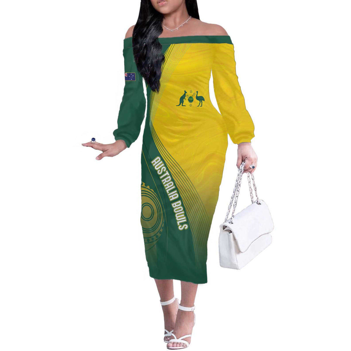 Australia Bowls Personalised Off The Shoulder Long Sleeve Dress Basic Marble Glaze - National Color - Aussie Hoodie