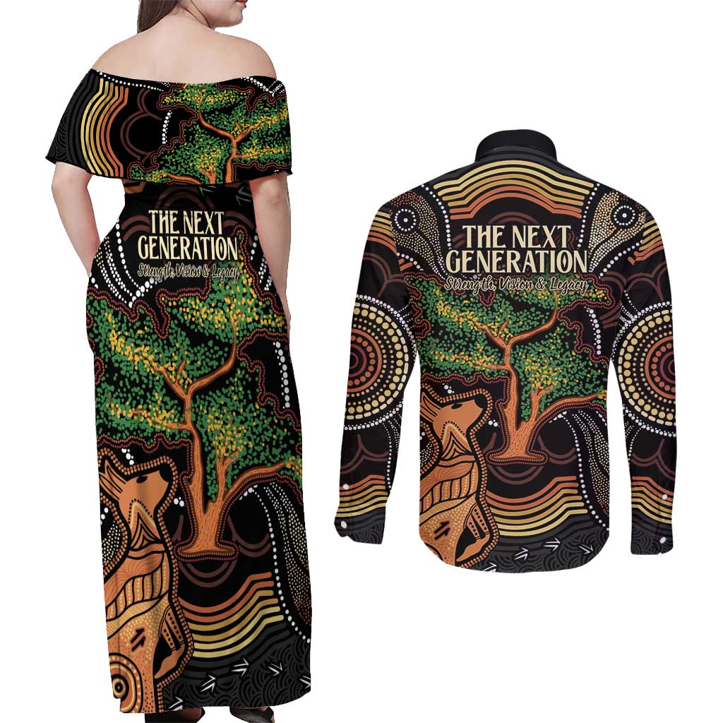 NAIDOC Week 2025 Indigenous Couples Matching Off Shoulder Maxi Dress and Long Sleeve Button Shirt Legacies - Tree Of Life