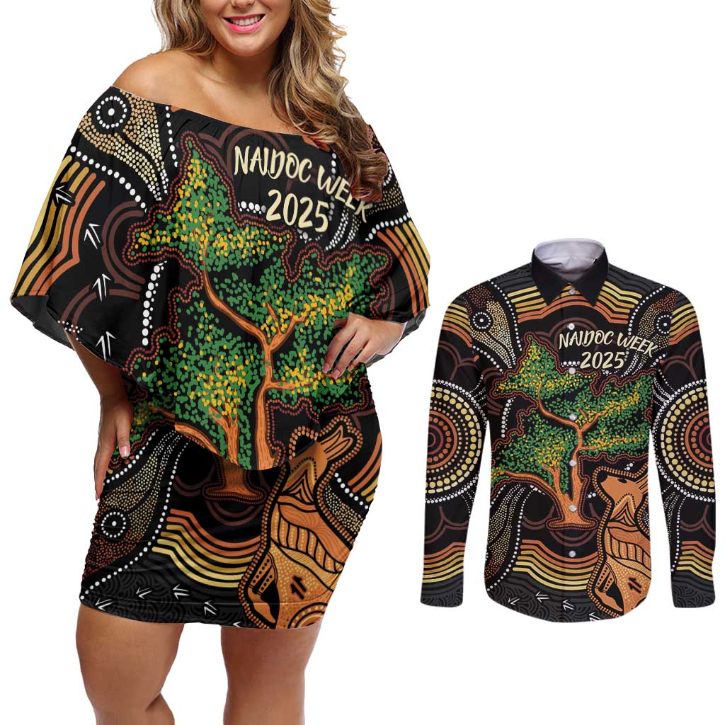 NAIDOC Week 2025 Indigenous Couples Matching Off Shoulder Short Dress and Long Sleeve Button Shirt Legacies - Tree Of Life