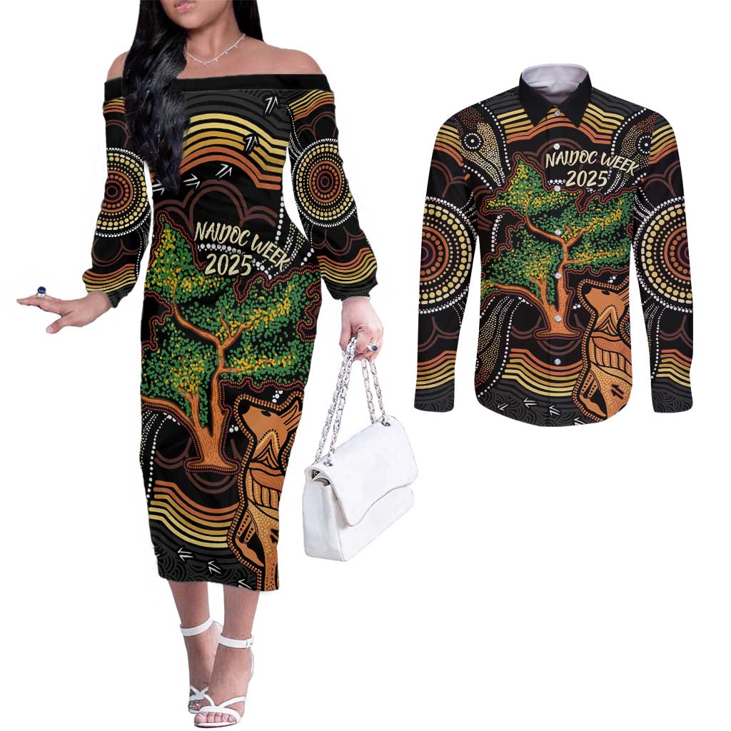 NAIDOC Week 2025 Indigenous Couples Matching Off The Shoulder Long Sleeve Dress and Long Sleeve Button Shirt Legacies - Tree Of Life