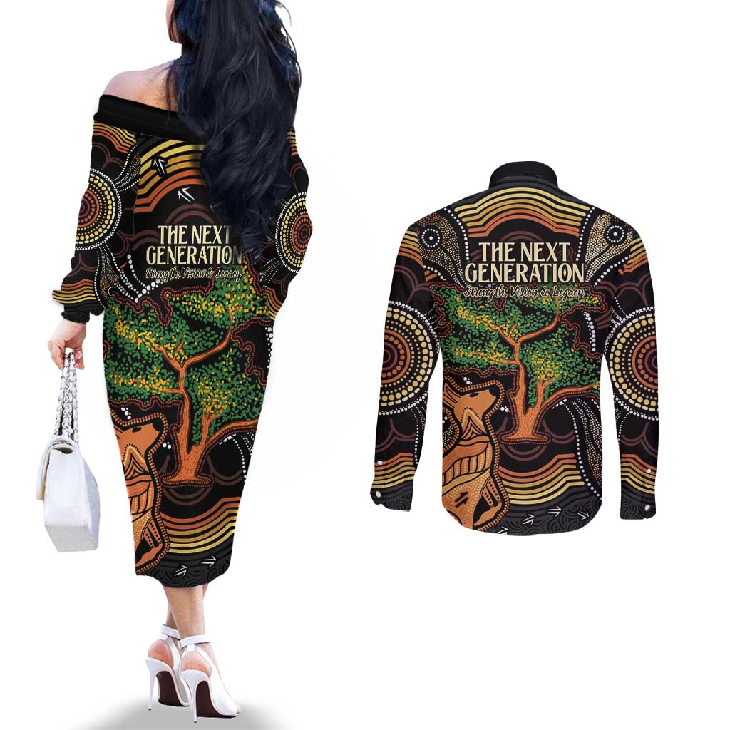 NAIDOC Week 2025 Indigenous Couples Matching Off The Shoulder Long Sleeve Dress and Long Sleeve Button Shirt Legacies - Tree Of Life