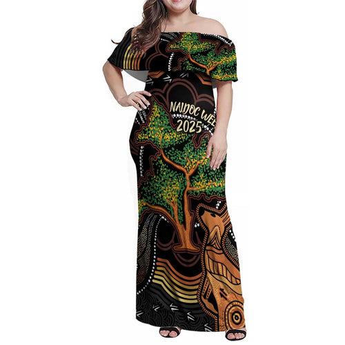 NAIDOC Week 2025 Indigenous Family Matching Off Shoulder Maxi Dress and Hawaiian Shirt Legacies - Tree Of Life