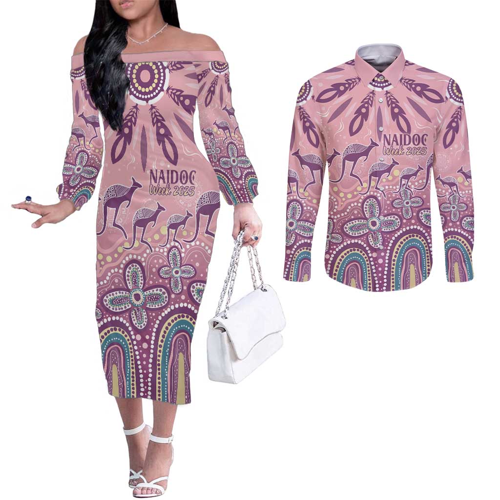 NAIDOC Week 2025 Indigenous Couples Matching Off The Shoulder Long Sleeve Dress and Long Sleeve Button Shirt Pastel Dream