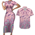 NAIDOC Week 2025 Indigenous Couples Matching Short Sleeve Bodycon Dress and Hawaiian Shirt Pastel Dream