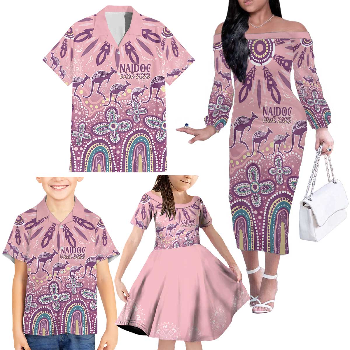 NAIDOC Week 2025 Indigenous Family Matching Off The Shoulder Long Sleeve Dress and Hawaiian Shirt Pastel Dream