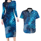 Aotearoa Taniko Matariki Couples Matching Long Sleeve Bodycon Dress and Hawaiian Shirt Cosmic Blue
