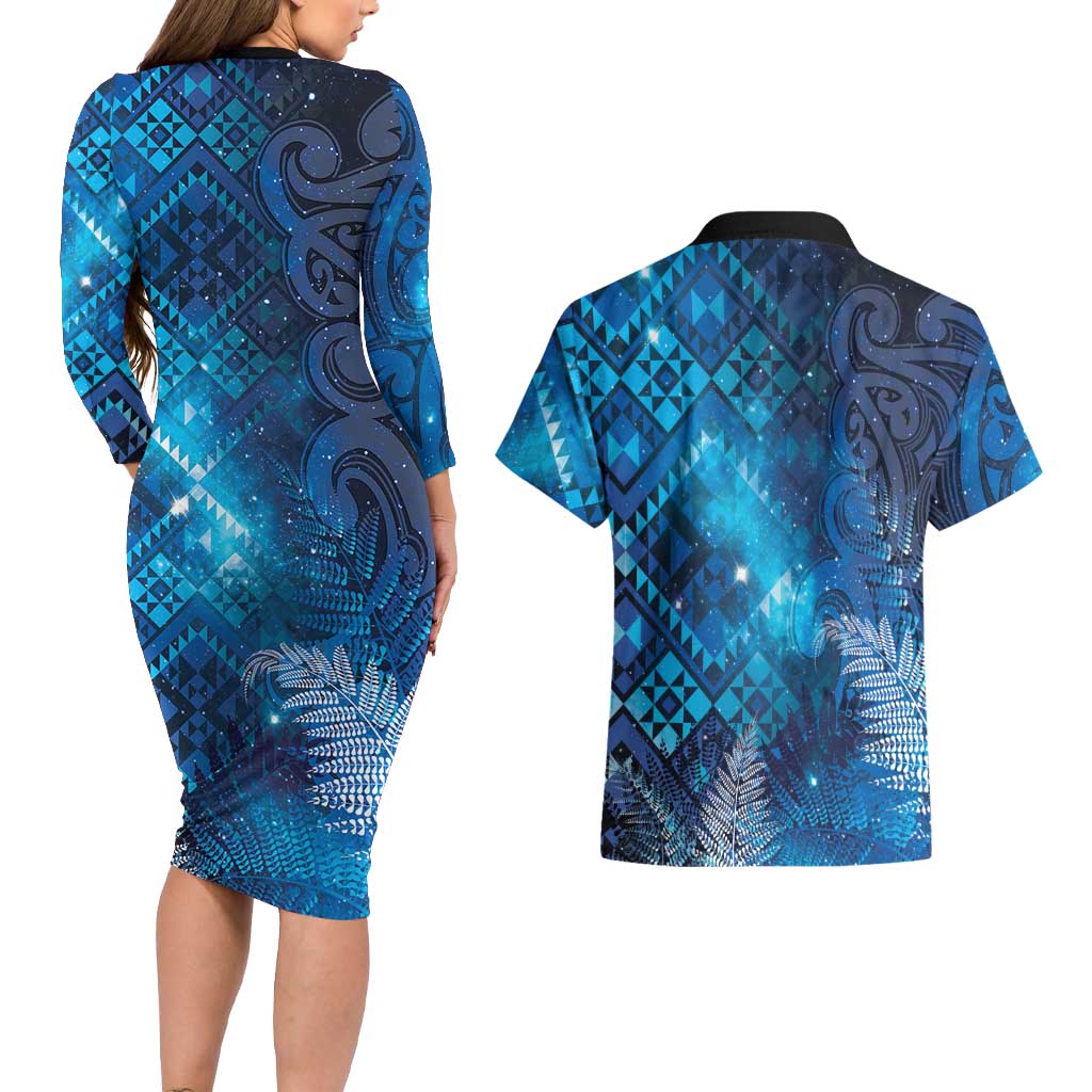 Aotearoa Taniko Matariki Couples Matching Long Sleeve Bodycon Dress and Hawaiian Shirt Cosmic Blue