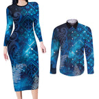 Aotearoa Taniko Matariki Couples Matching Long Sleeve Bodycon Dress and Long Sleeve Button Shirt Cosmic Blue