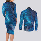 Aotearoa Taniko Matariki Couples Matching Long Sleeve Bodycon Dress and Long Sleeve Button Shirt Cosmic Blue