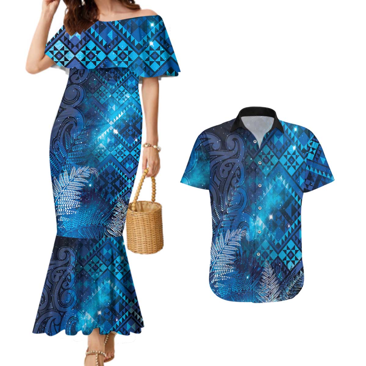 Aotearoa Taniko Matariki Couples Matching Mermaid Dress and Hawaiian Shirt Cosmic Blue