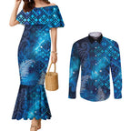 Aotearoa Taniko Matariki Couples Matching Mermaid Dress and Long Sleeve Button Shirt Cosmic Blue