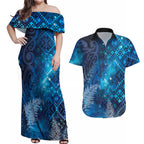 Aotearoa Taniko Matariki Couples Matching Off Shoulder Maxi Dress and Hawaiian Shirt Cosmic Blue