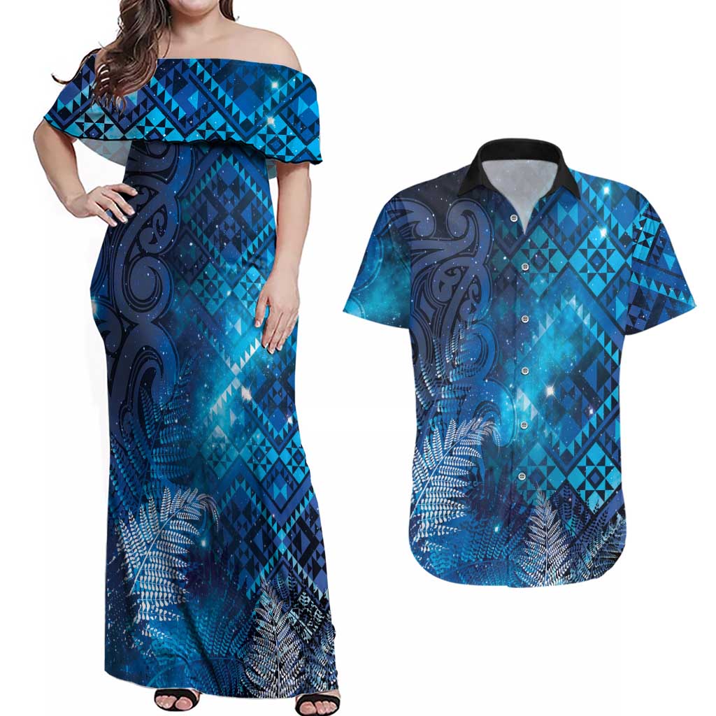 Aotearoa Taniko Matariki Couples Matching Off Shoulder Maxi Dress and Hawaiian Shirt Cosmic Blue