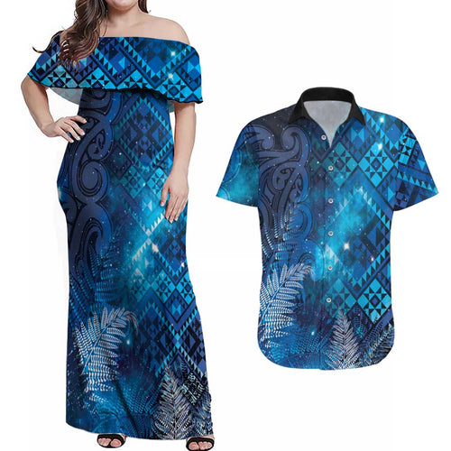 Aotearoa Taniko Matariki Couples Matching Off Shoulder Maxi Dress and Hawaiian Shirt Cosmic Blue