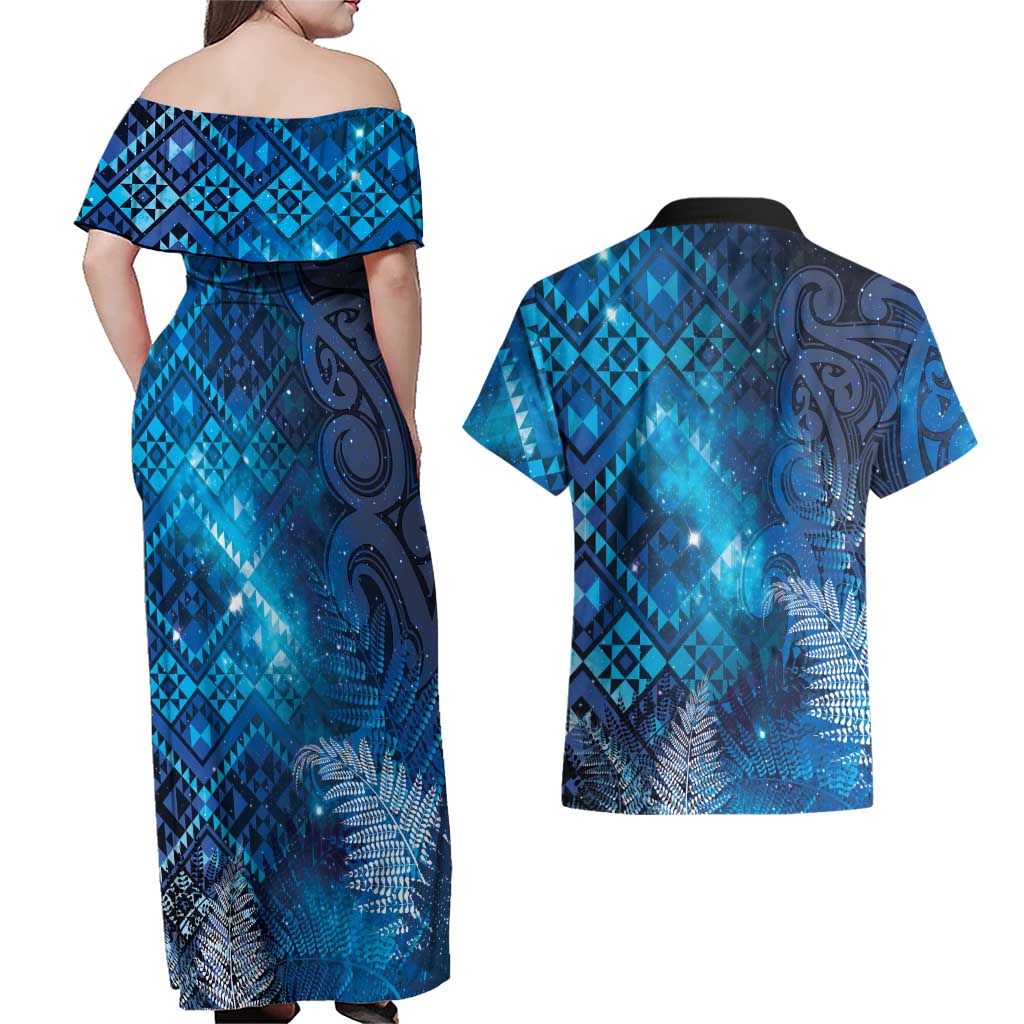 Aotearoa Taniko Matariki Couples Matching Off Shoulder Maxi Dress and Hawaiian Shirt Cosmic Blue