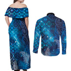 Aotearoa Taniko Matariki Couples Matching Off Shoulder Maxi Dress and Long Sleeve Button Shirt Cosmic Blue