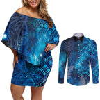 Aotearoa Taniko Matariki Couples Matching Off Shoulder Short Dress and Long Sleeve Button Shirt Cosmic Blue