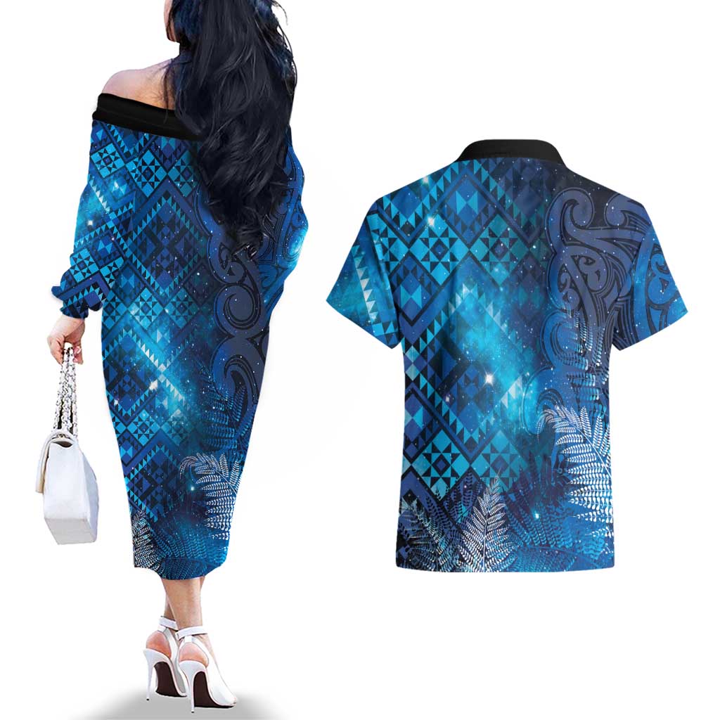 Aotearoa Taniko Matariki Couples Matching Off The Shoulder Long Sleeve Dress and Hawaiian Shirt Cosmic Blue