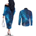 Aotearoa Taniko Matariki Couples Matching Off The Shoulder Long Sleeve Dress and Long Sleeve Button Shirt Cosmic Blue