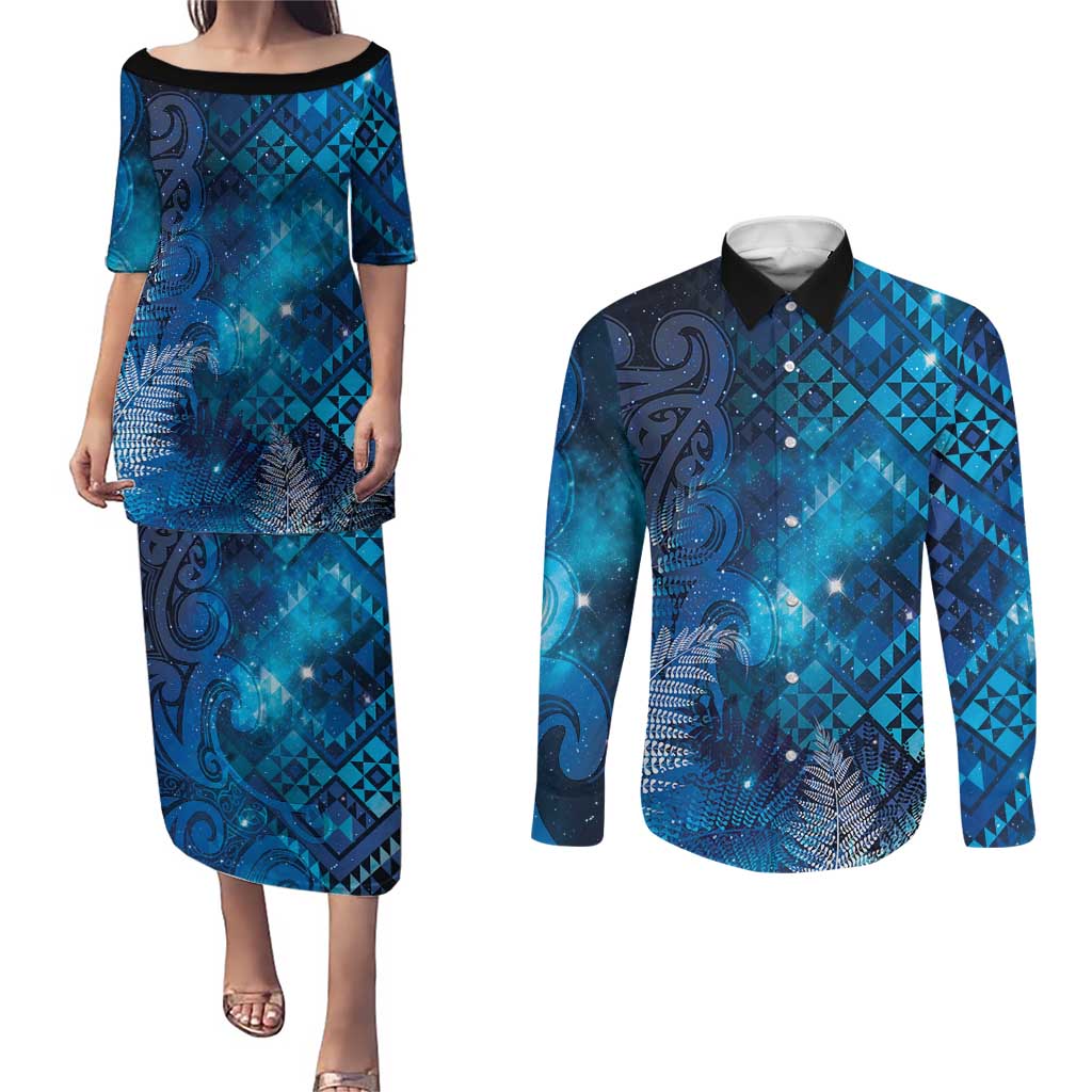 Aotearoa Taniko Matariki Couples Matching Puletasi and Long Sleeve Button Shirt Cosmic Blue