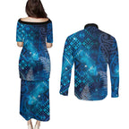 Aotearoa Taniko Matariki Couples Matching Puletasi and Long Sleeve Button Shirt Cosmic Blue