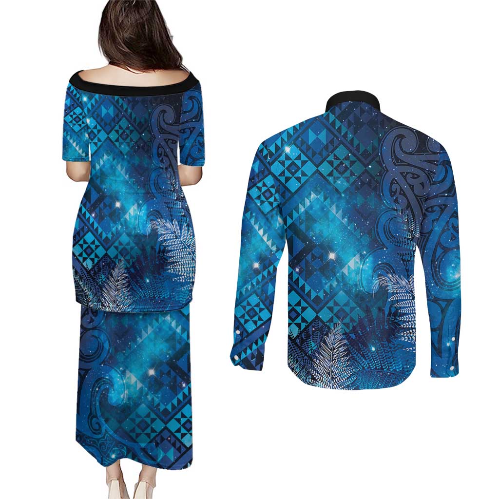 Aotearoa Taniko Matariki Couples Matching Puletasi and Long Sleeve Button Shirt Cosmic Blue