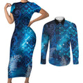Aotearoa Taniko Matariki Couples Matching Short Sleeve Bodycon Dress and Long Sleeve Button Shirt Cosmic Blue
