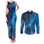 Aotearoa Taniko Matariki Couples Matching Tank Maxi Dress and Long Sleeve Button Shirt Cosmic Blue