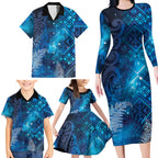 Aotearoa Taniko Matariki Family Matching Long Sleeve Bodycon Dress and Hawaiian Shirt Cosmic Blue