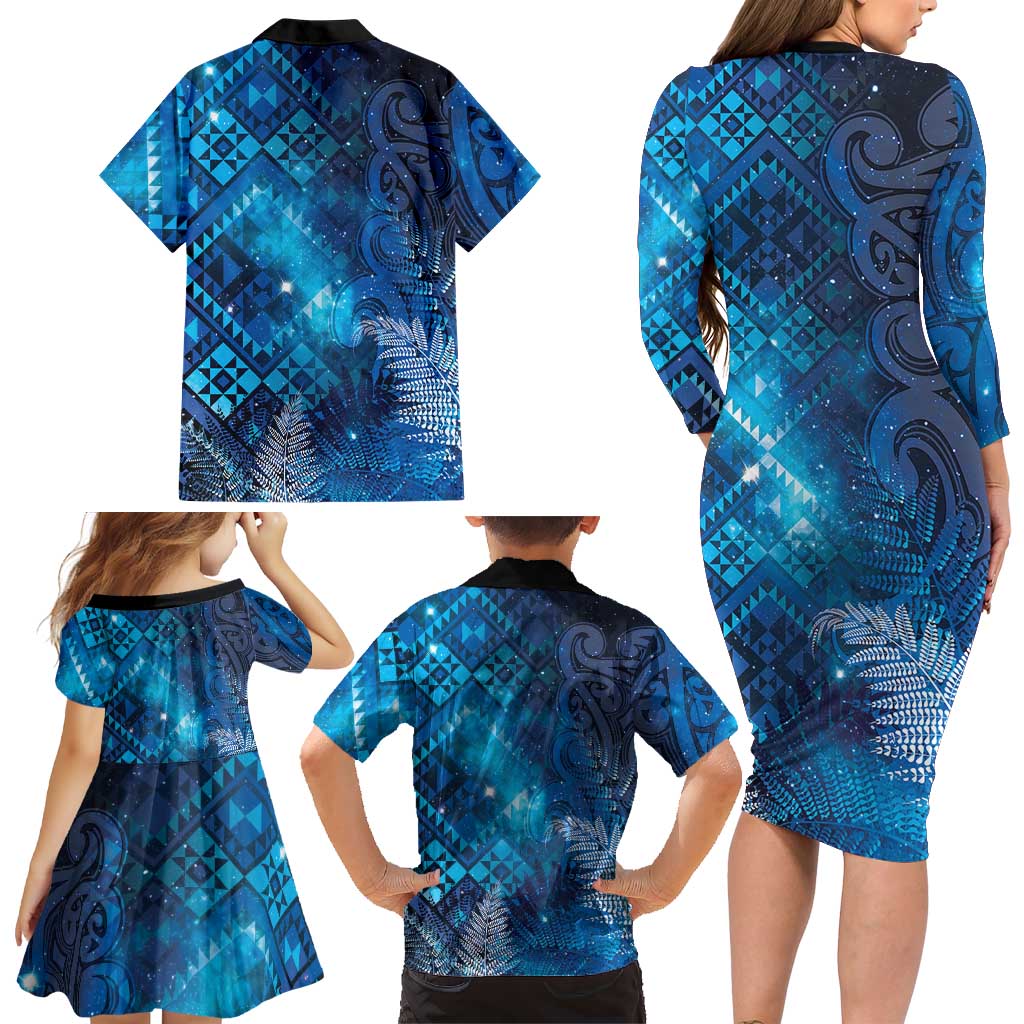 Aotearoa Taniko Matariki Family Matching Long Sleeve Bodycon Dress and Hawaiian Shirt Cosmic Blue