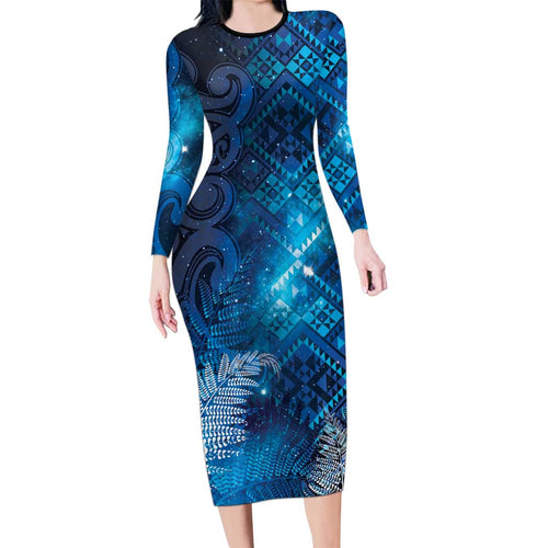 Aotearoa Taniko Matariki Family Matching Long Sleeve Bodycon Dress and Hawaiian Shirt Cosmic Blue