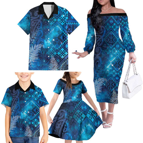 Aotearoa Taniko Matariki Family Matching Off The Shoulder Long Sleeve Dress and Hawaiian Shirt Cosmic Blue