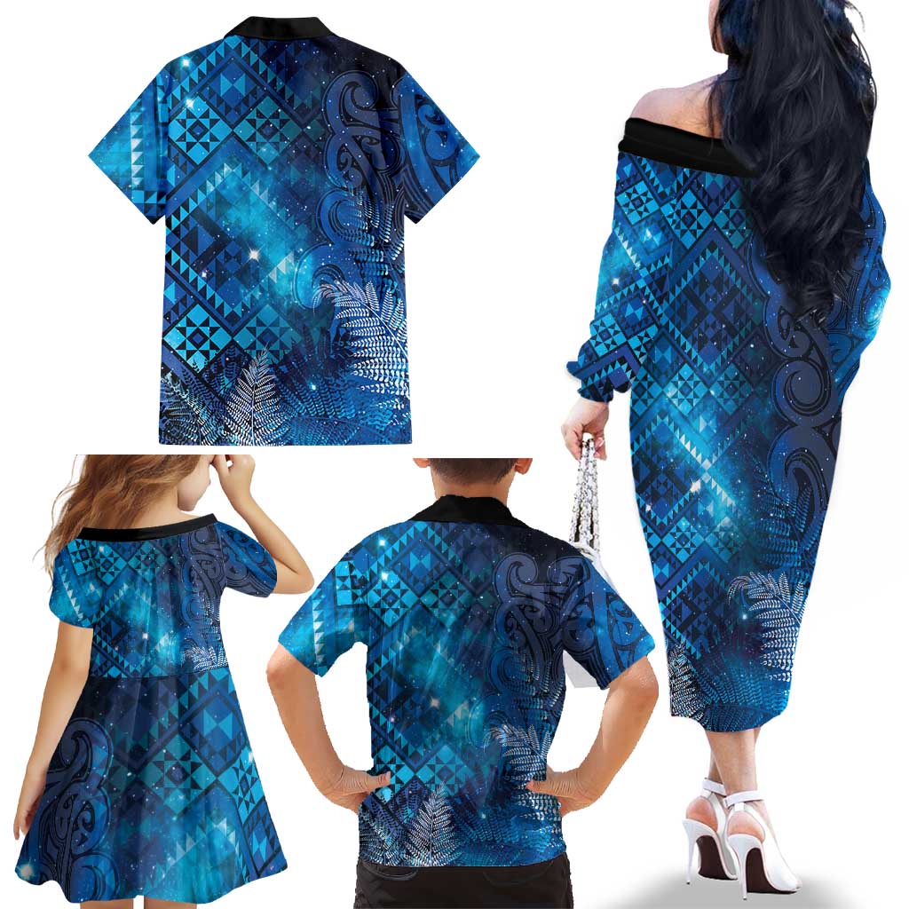 Aotearoa Taniko Matariki Family Matching Off The Shoulder Long Sleeve Dress and Hawaiian Shirt Cosmic Blue