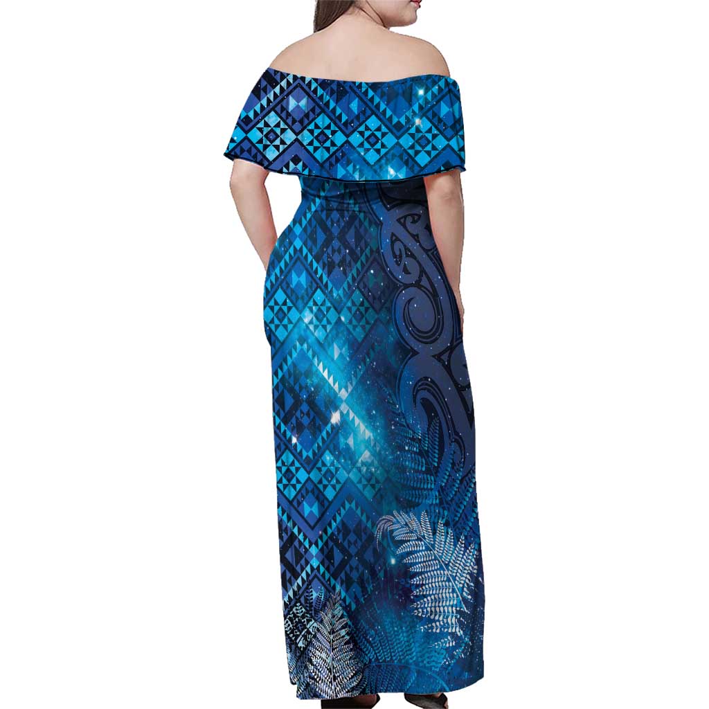 Aotearoa Taniko Matariki Family Matching Off Shoulder Maxi Dress and Hawaiian Shirt Cosmic Blue