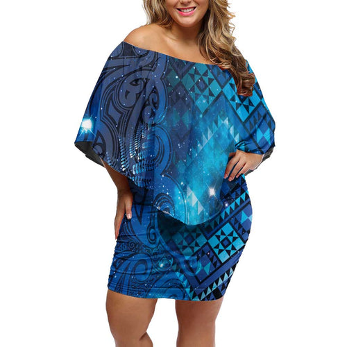 Aotearoa Taniko Matariki Family Matching Off Shoulder Short Dress and Hawaiian Shirt Cosmic Blue