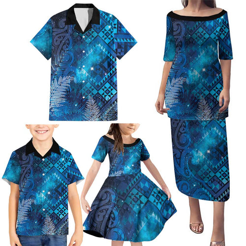 Aotearoa Taniko Matariki Family Matching Puletasi and Hawaiian Shirt Cosmic Blue