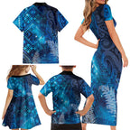 Aotearoa Taniko Matariki Family Matching Short Sleeve Bodycon Dress and Hawaiian Shirt Cosmic Blue
