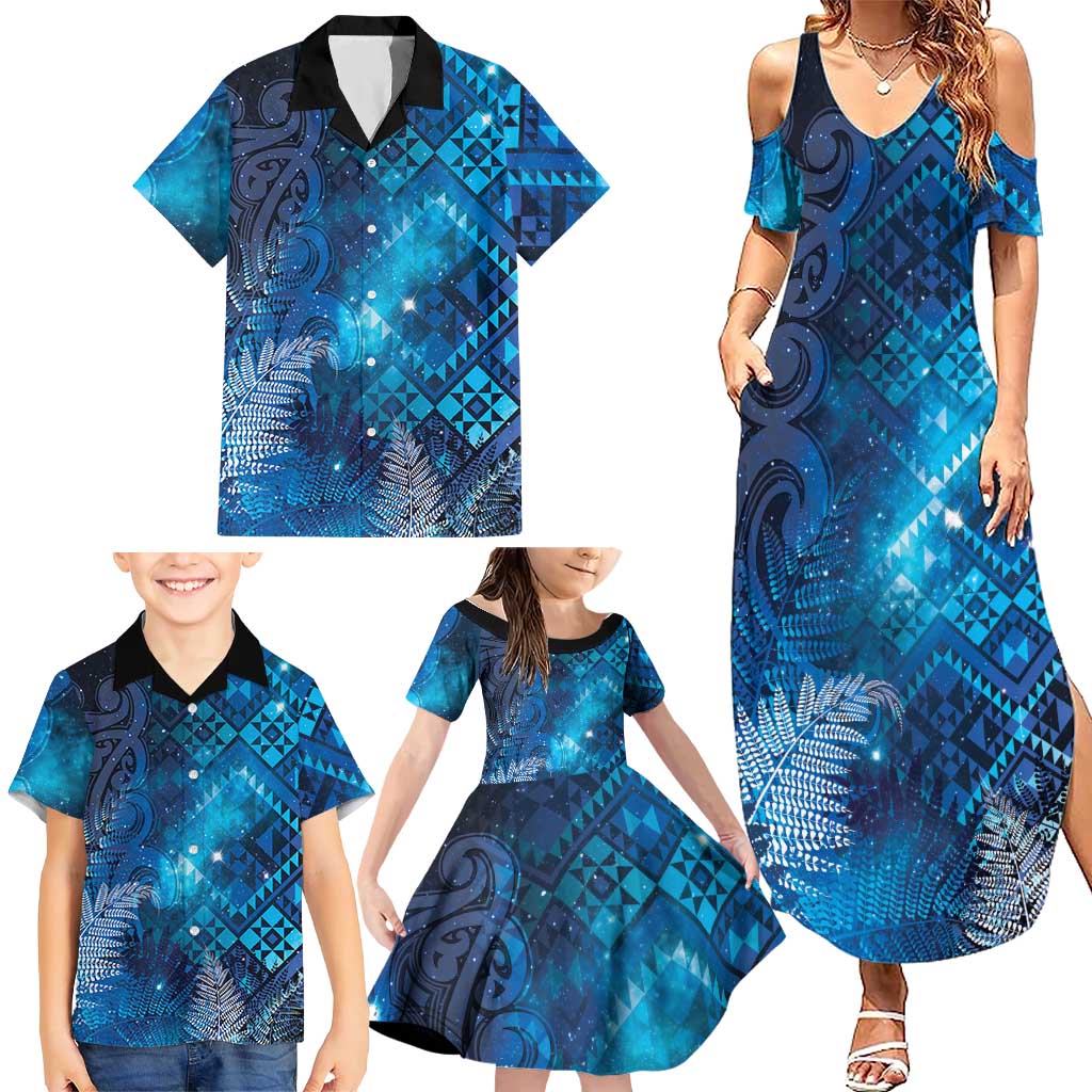 Aotearoa Taniko Matariki Family Matching Summer Maxi Dress and Hawaiian Shirt Cosmic Blue