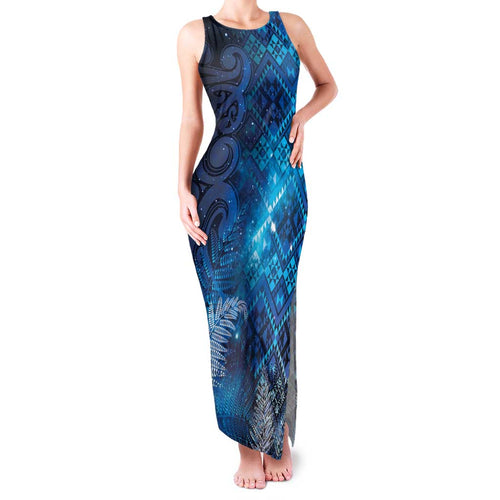 Aotearoa Taniko Matariki Family Matching Tank Maxi Dress and Hawaiian Shirt Cosmic Blue